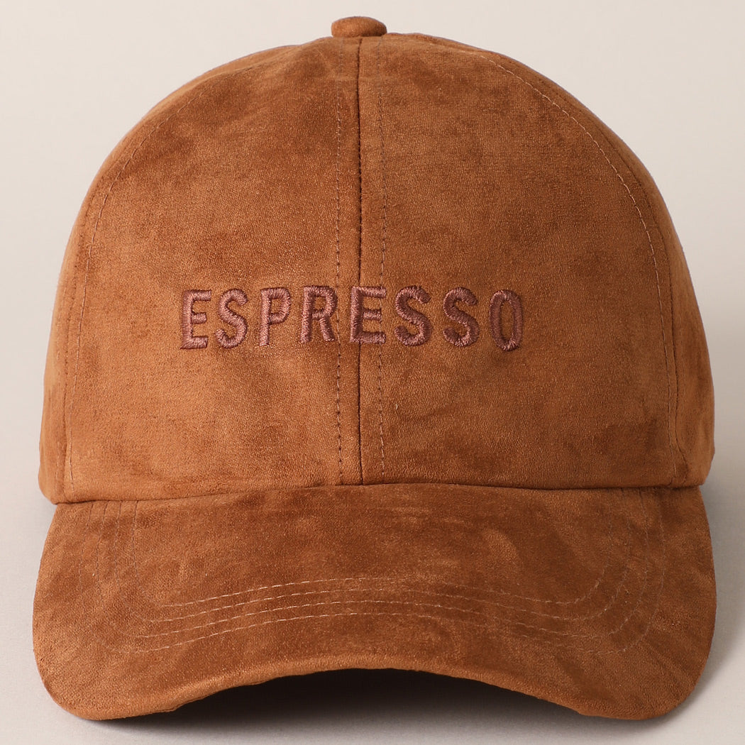 Espresso Text Embroidery Suede Baseball Cap