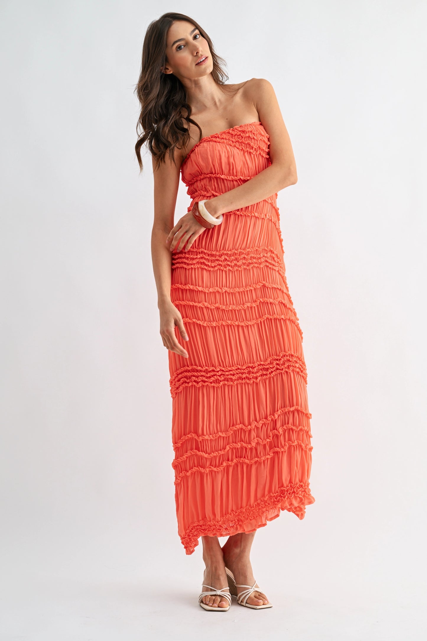 Strapless Textured Pleated Maxi Dress