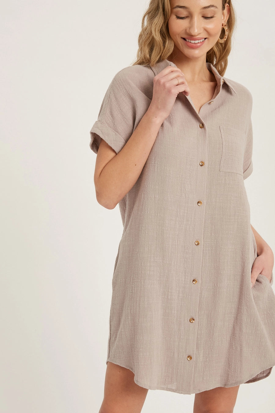 Button Up Shirt Dress with Pocket