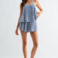 Embroidered Blue Checkered Shorts Set