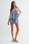 Embroidered Blue Checkered Shorts Set