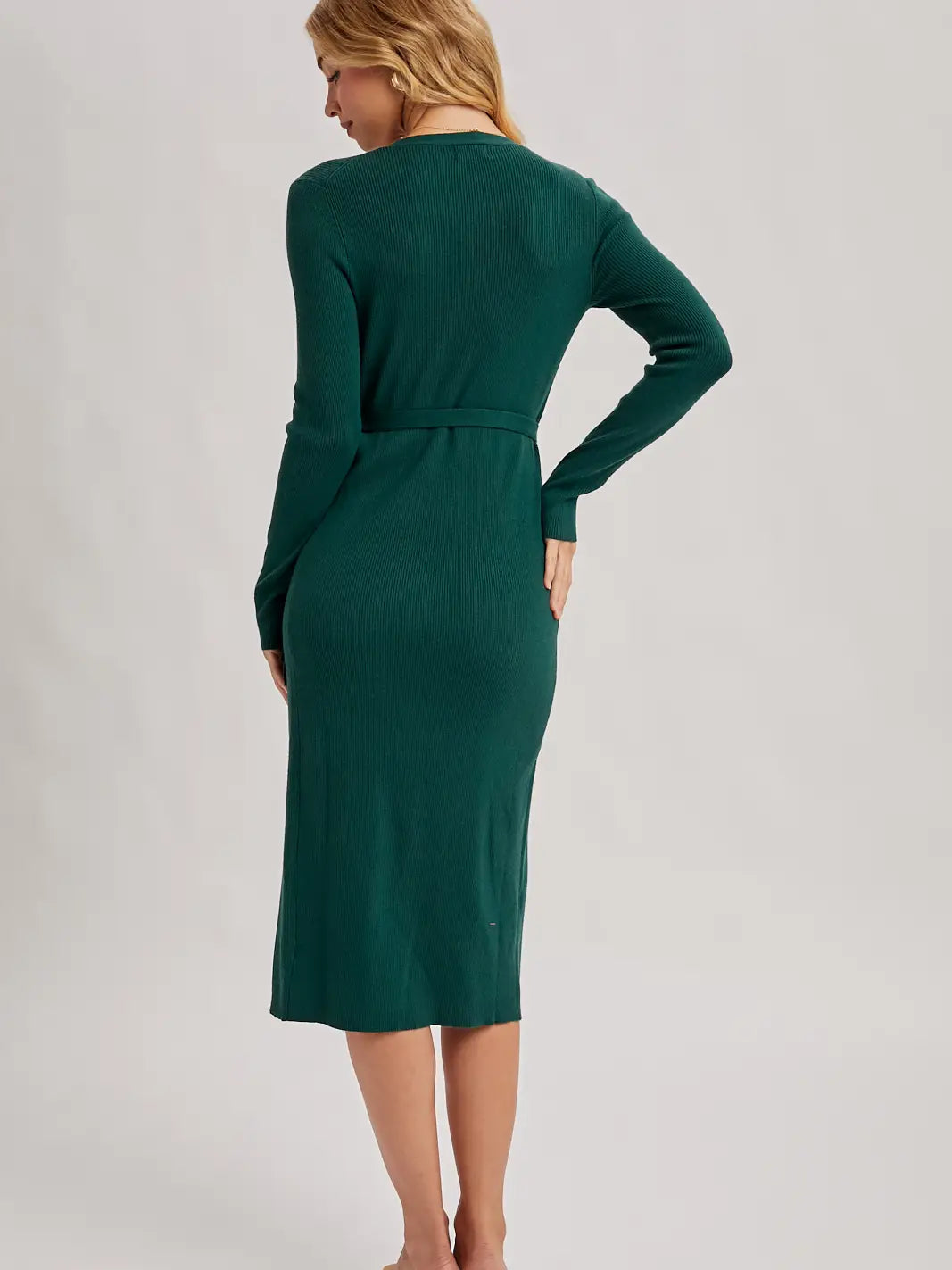 Ribbed Knit V-Neck Wrap Midi Dress