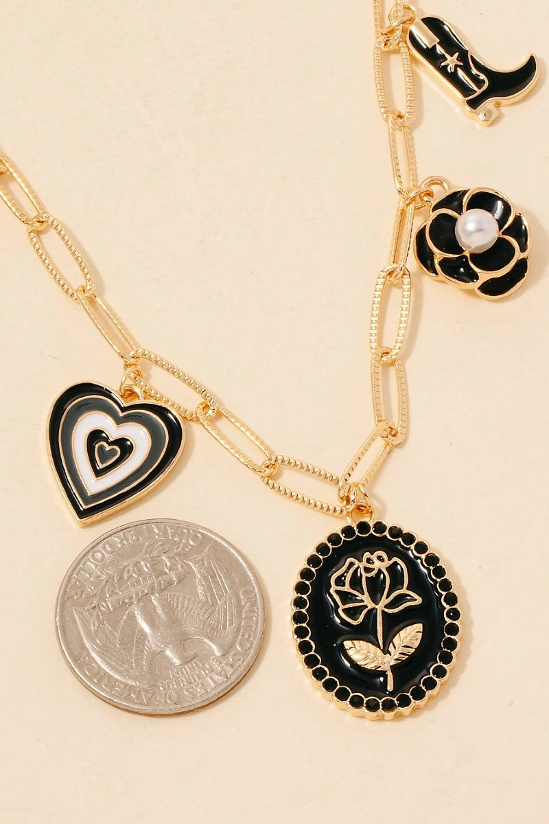 Enamel Western Heart Flower Charm Necklace