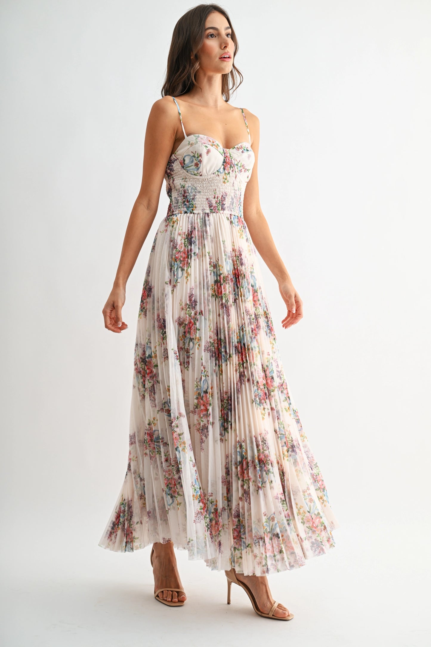 Pleated Floral Tulle Maxi Dress
