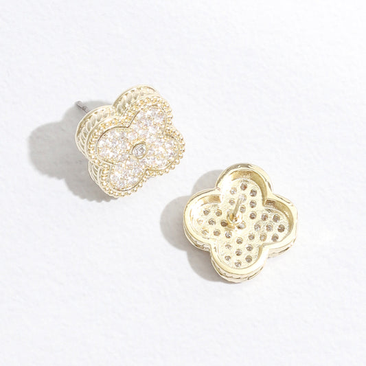 Gold Tone Outline Cz Pave Clover Post Earrings