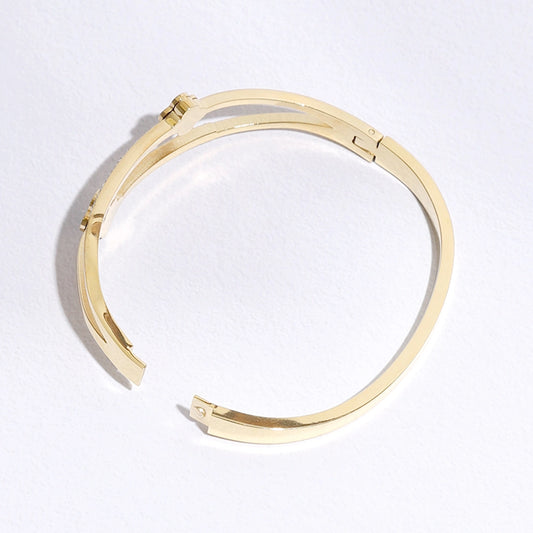 Gold Plated Two Tone Clover Cz Bangle Bracelet