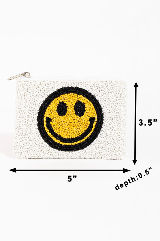 White Seed Beaded Smiley Face Coin Purse