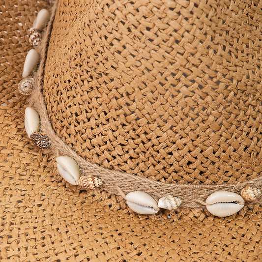 Western Straw Weave Cowrie Shell Rope Strap Cowboy Hat