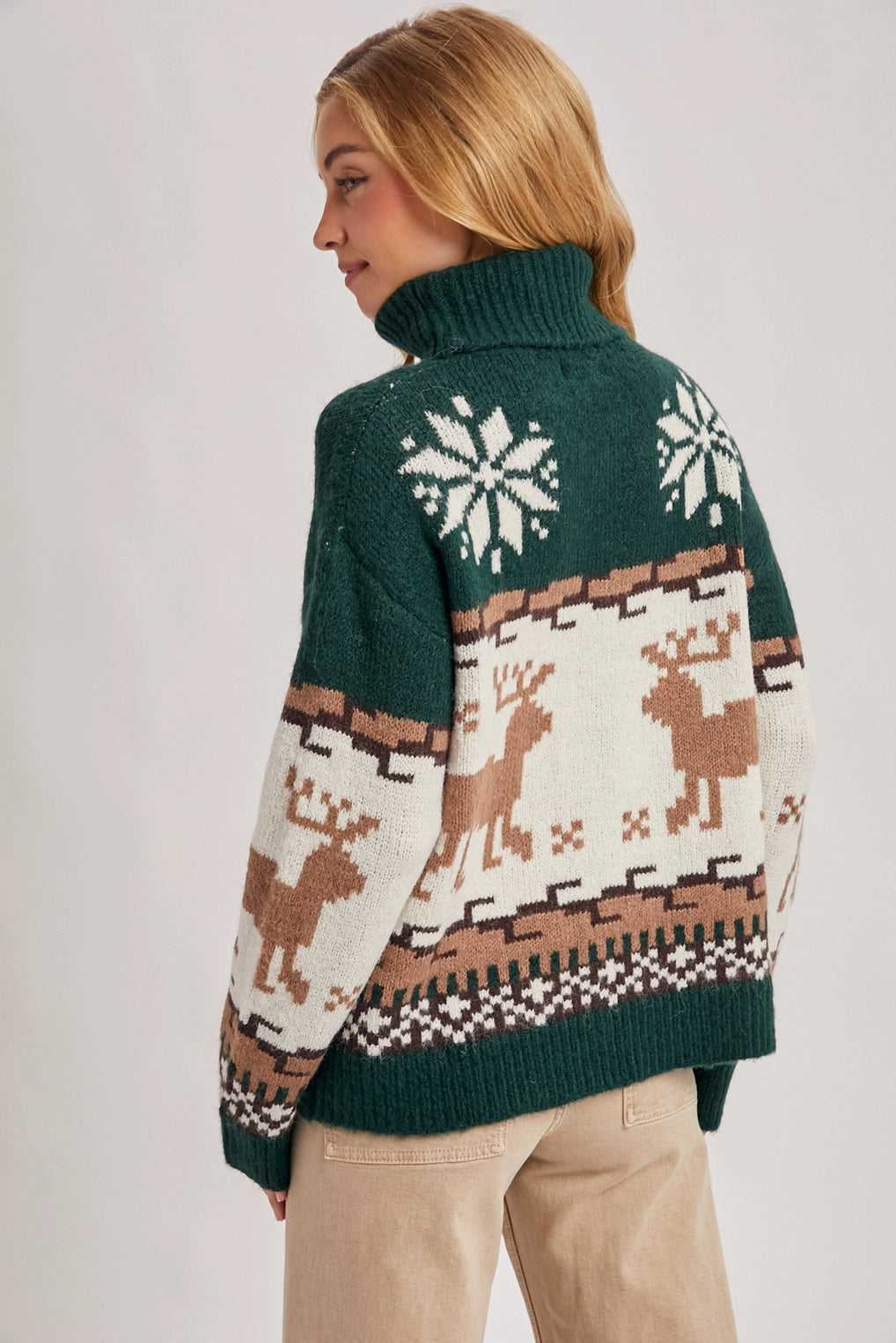 Fair Isle Turtle Neck Reindeer Knit Sweater For Holiday