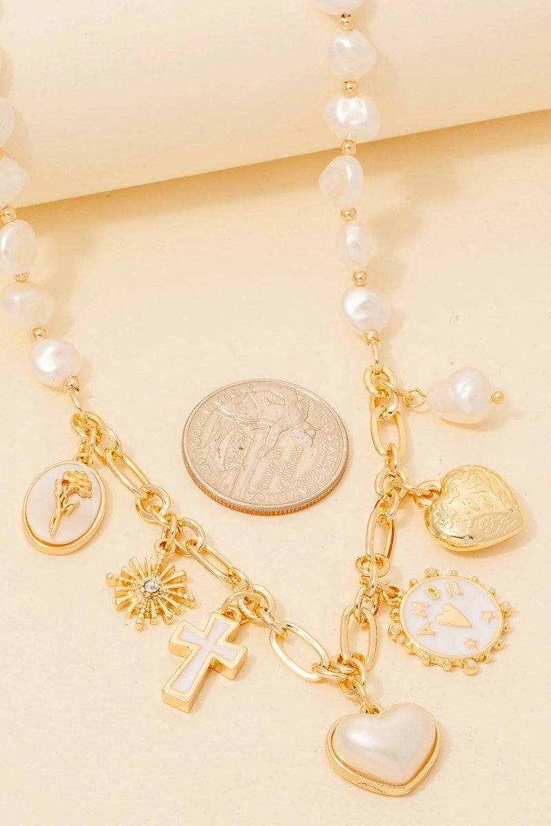 Heart Cross and Coins Pearl Beaded Necklace