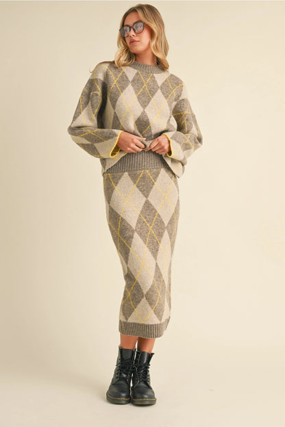 Argyle Sweater Top and Midi Skirt Set