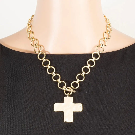 Hammered Flat Cross Pendant Toggle Chain Necklace