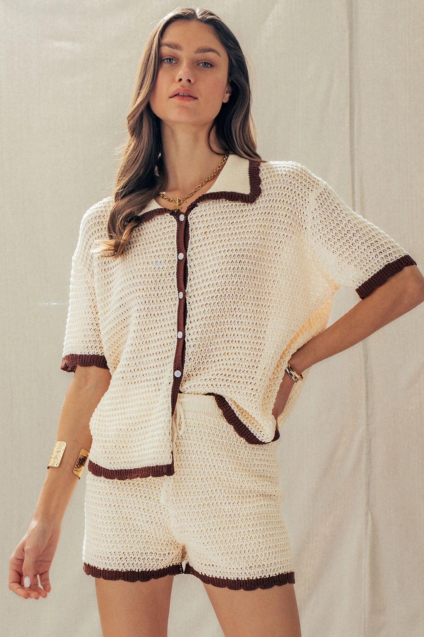Contrast Trim Crochet Knit Two-Piece Set