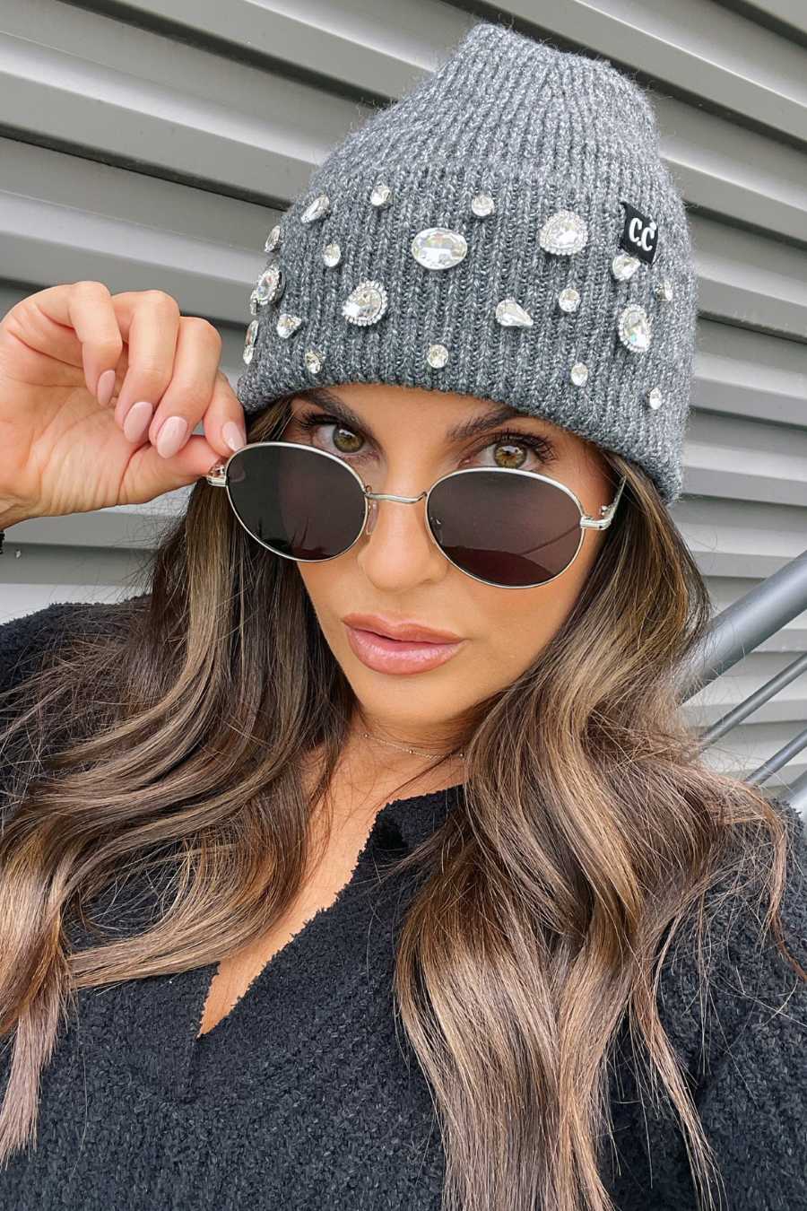 Rhinestone Charm Ribbed Cuff Beanie - Charcoal