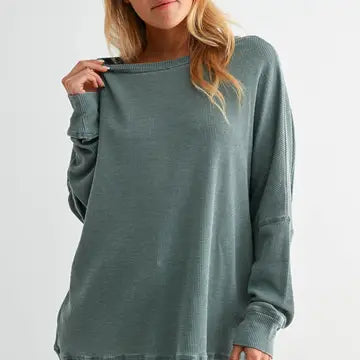 Waffle Ribbed Roundneck Pullover