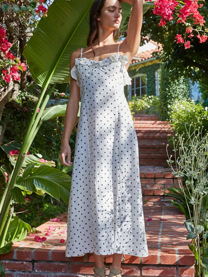Woven Viscose Linen Polka Dot Sleeveless Ruffle Midi