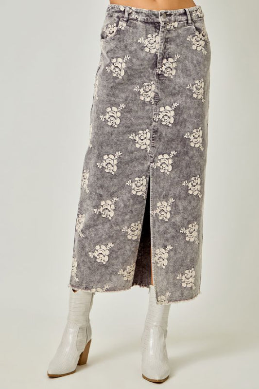 Embroidered Front Slit Corduroy Skirt