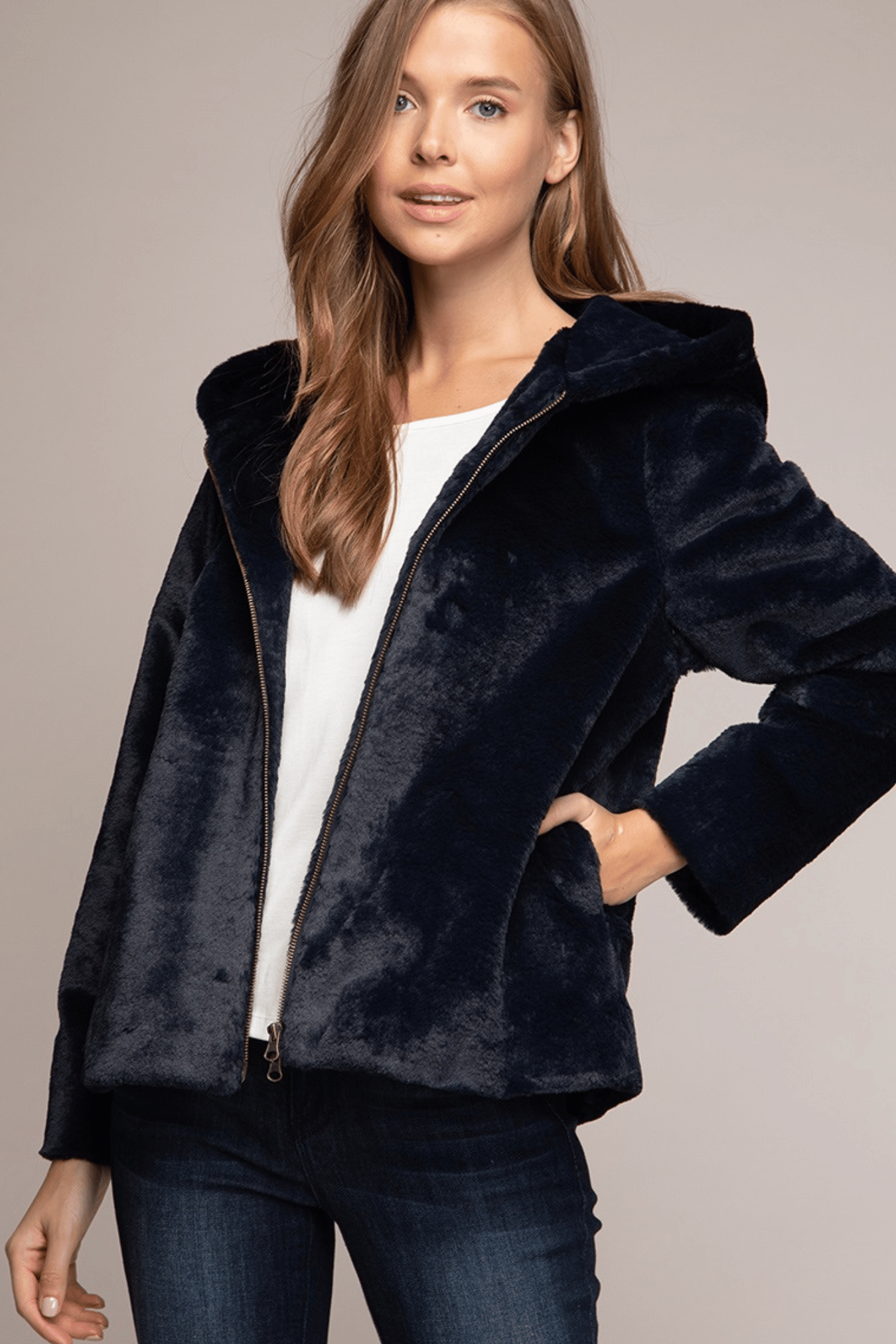 Faux Fur Zip Up Hoodie Jacket