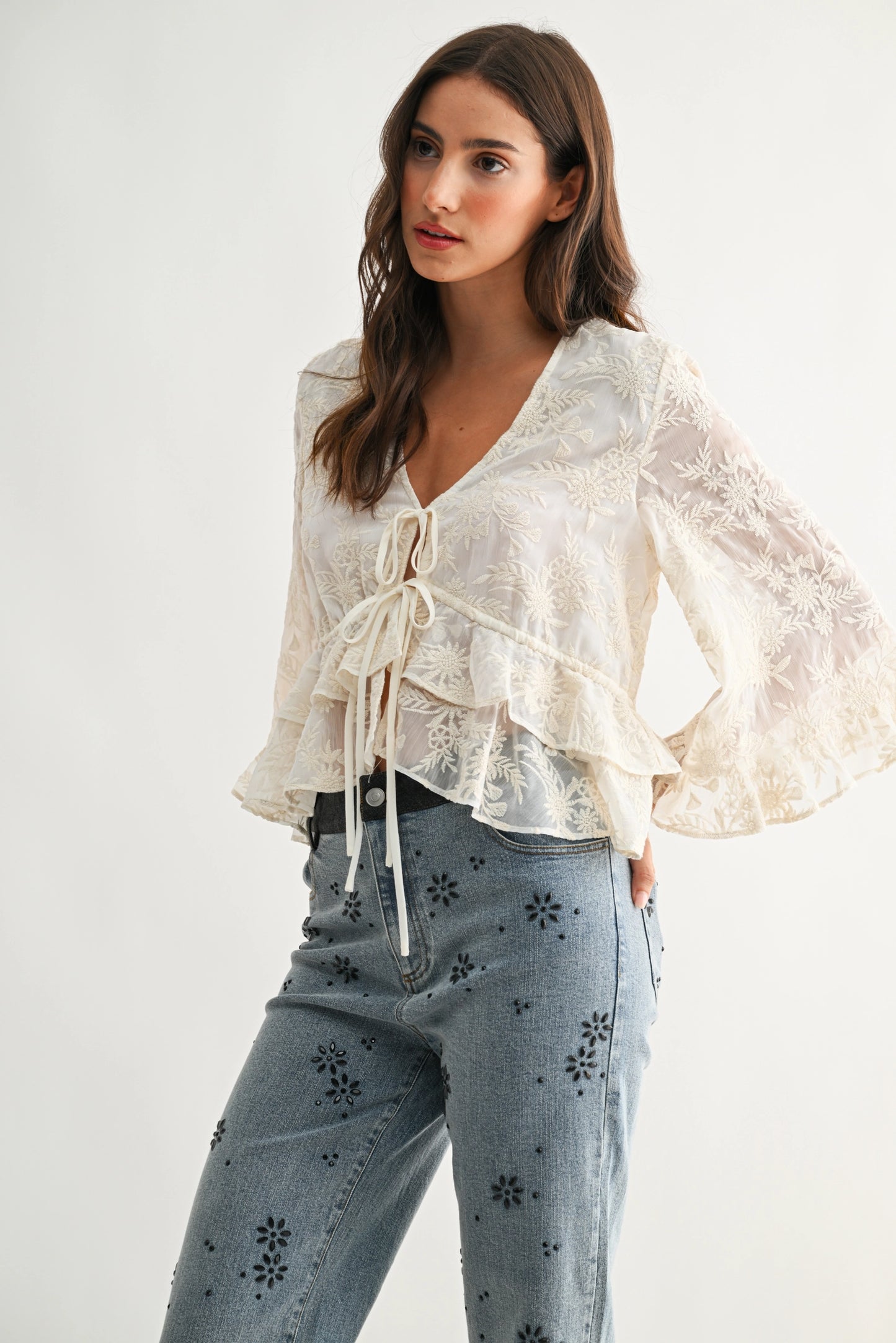 Boho Embroidered Sheer Blouse Flowy Bell Sleeves