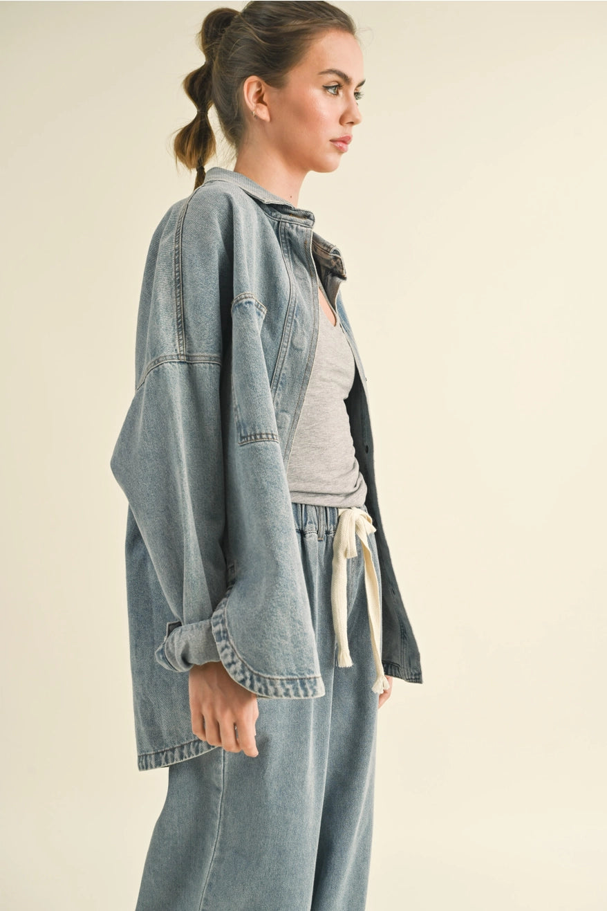 Washed Snap Button Denim Shacket