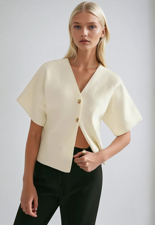 Short Sleeved Fine Knit Cardi with Gold Buttons