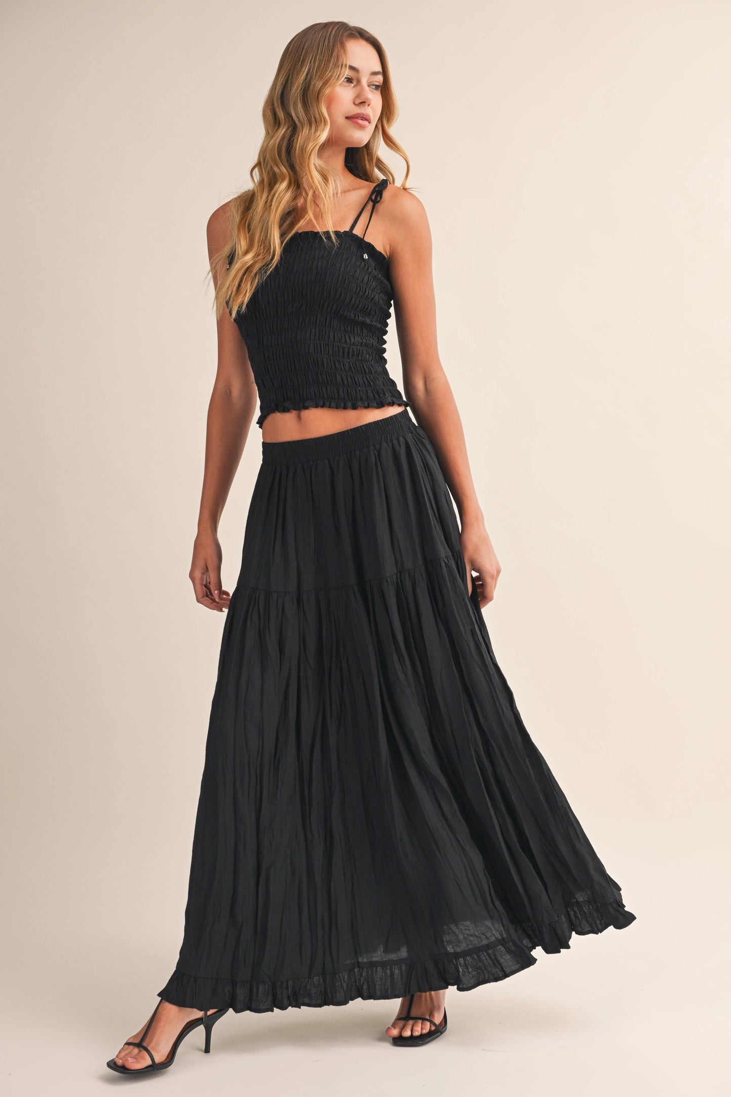 Smocking Top Crinkled Maxi Skirt Set