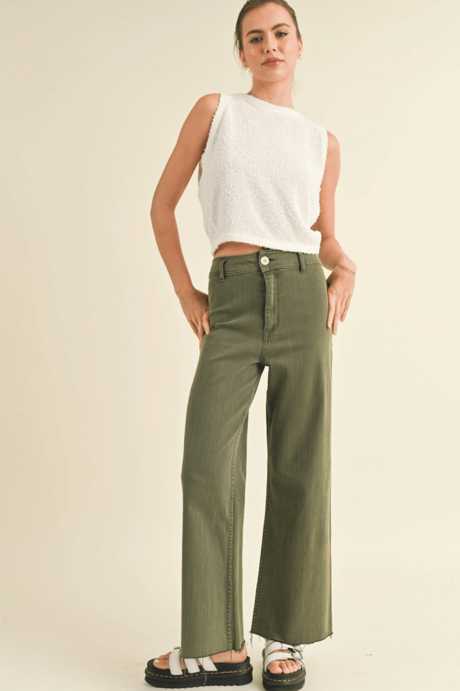 The Fiona Straight Wide Leg Denim Pants - Olive