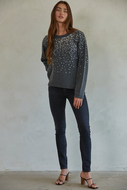 Knit Sweater Ribbed Sequin Detail Crew Neck Pullover