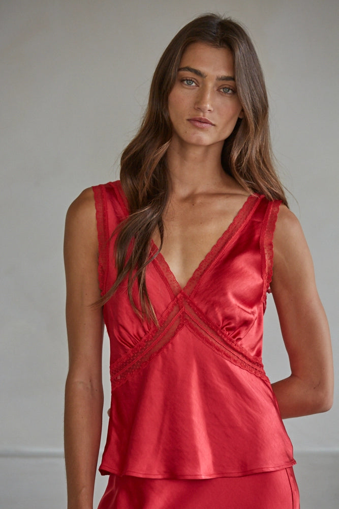Woven Polyester Spandex Satin Sleeveless V-Neck Top
