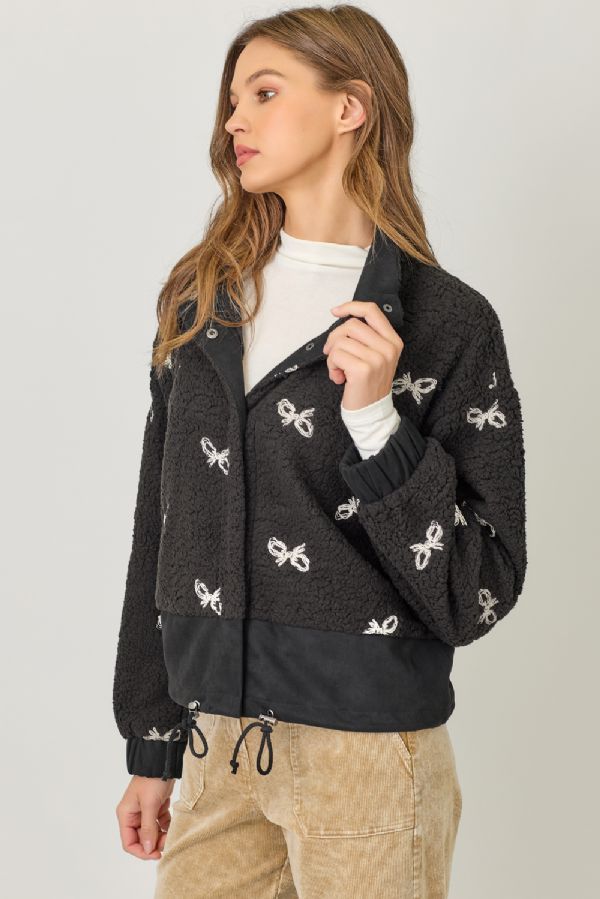 Bow Embroidery Sherpa Jacket