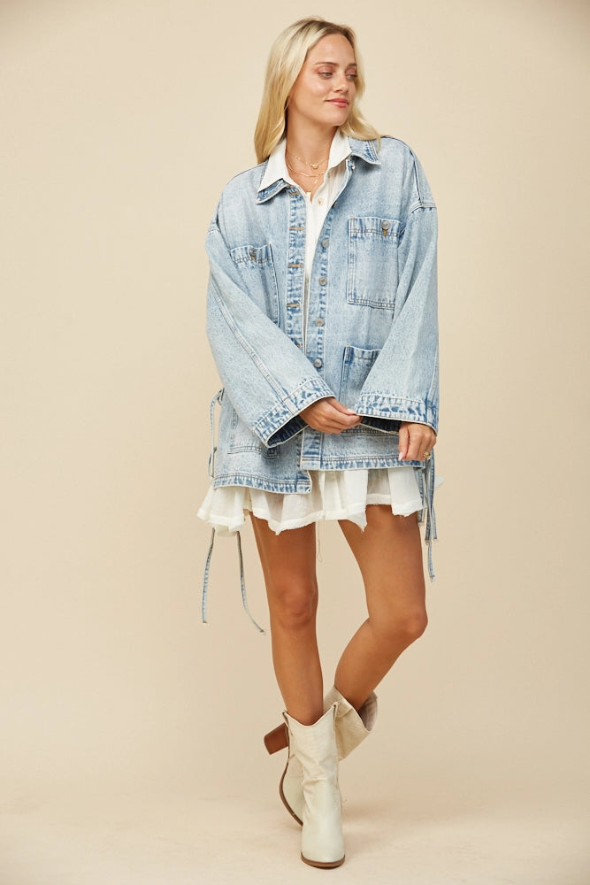 Boho Side Tie Detail Oversized Denim Jacket
