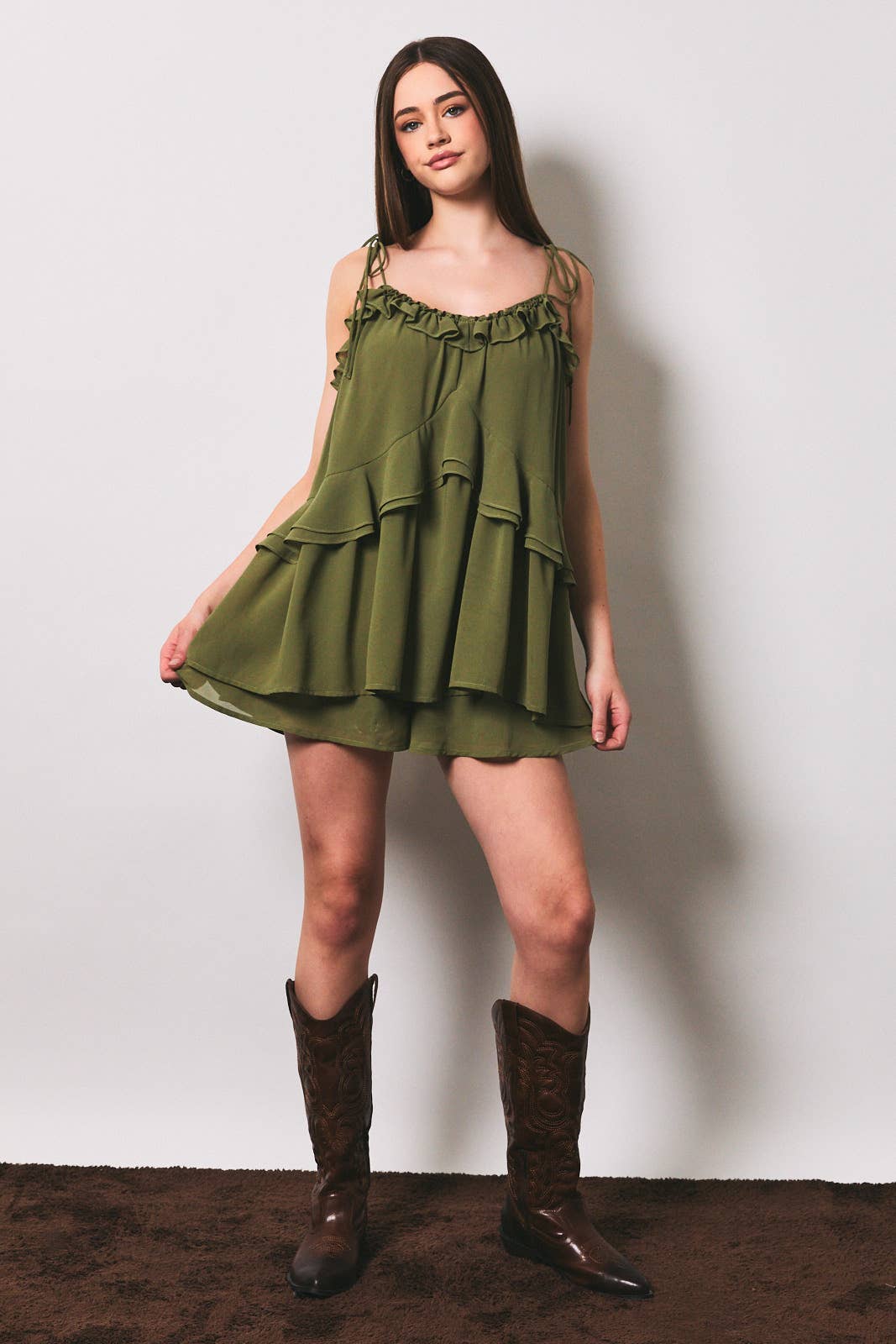 Ruffle Detail Shoulder Tie Flare Romper