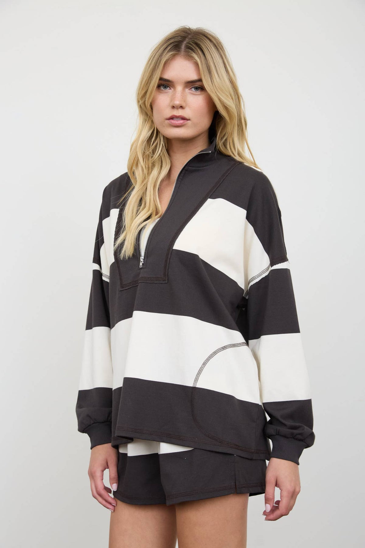 Wide Stripe Half Zip Long Sleeve Knit Top