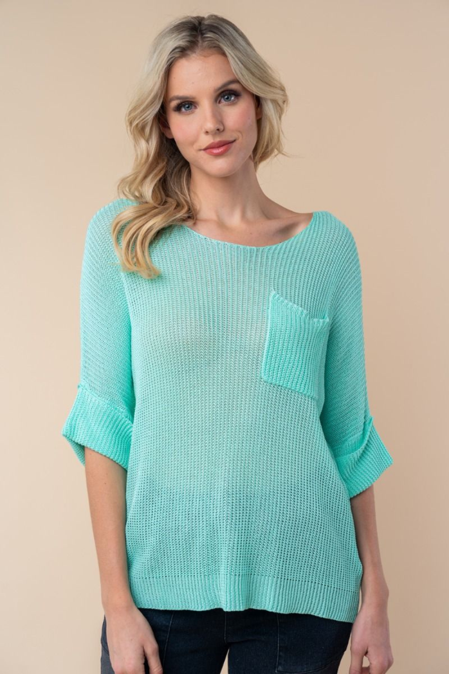 close up front view Josie boat neck sweater in the color mint 
