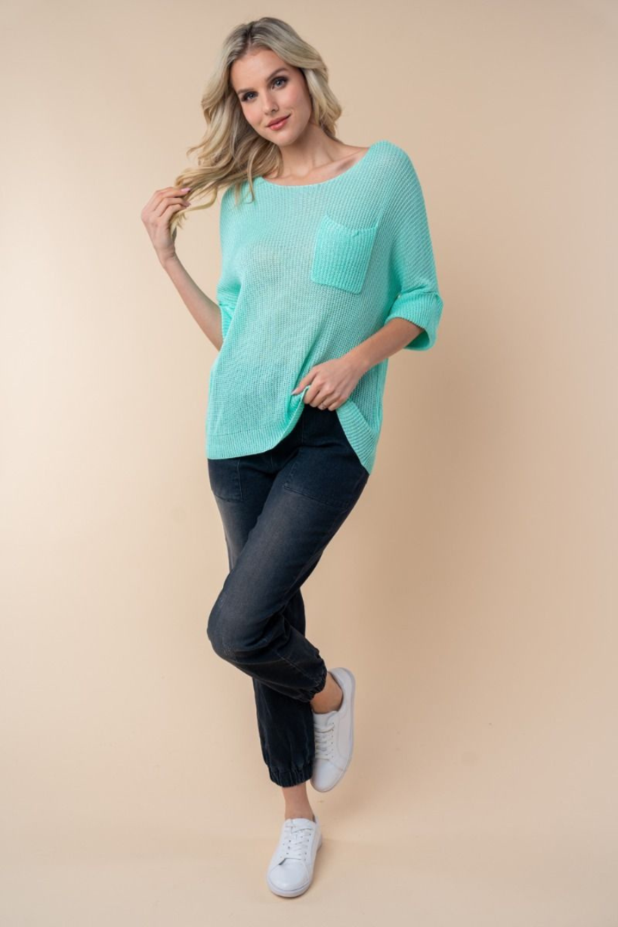 full length view of Josie boat neck lightweight sweater in the color mint