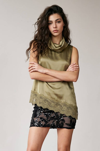 Cowl Neck Sleeveless Satin Top with Asymmetrical Lace Hem