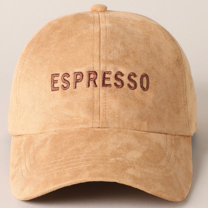 Espresso Text Embroidery Suede Baseball Cap