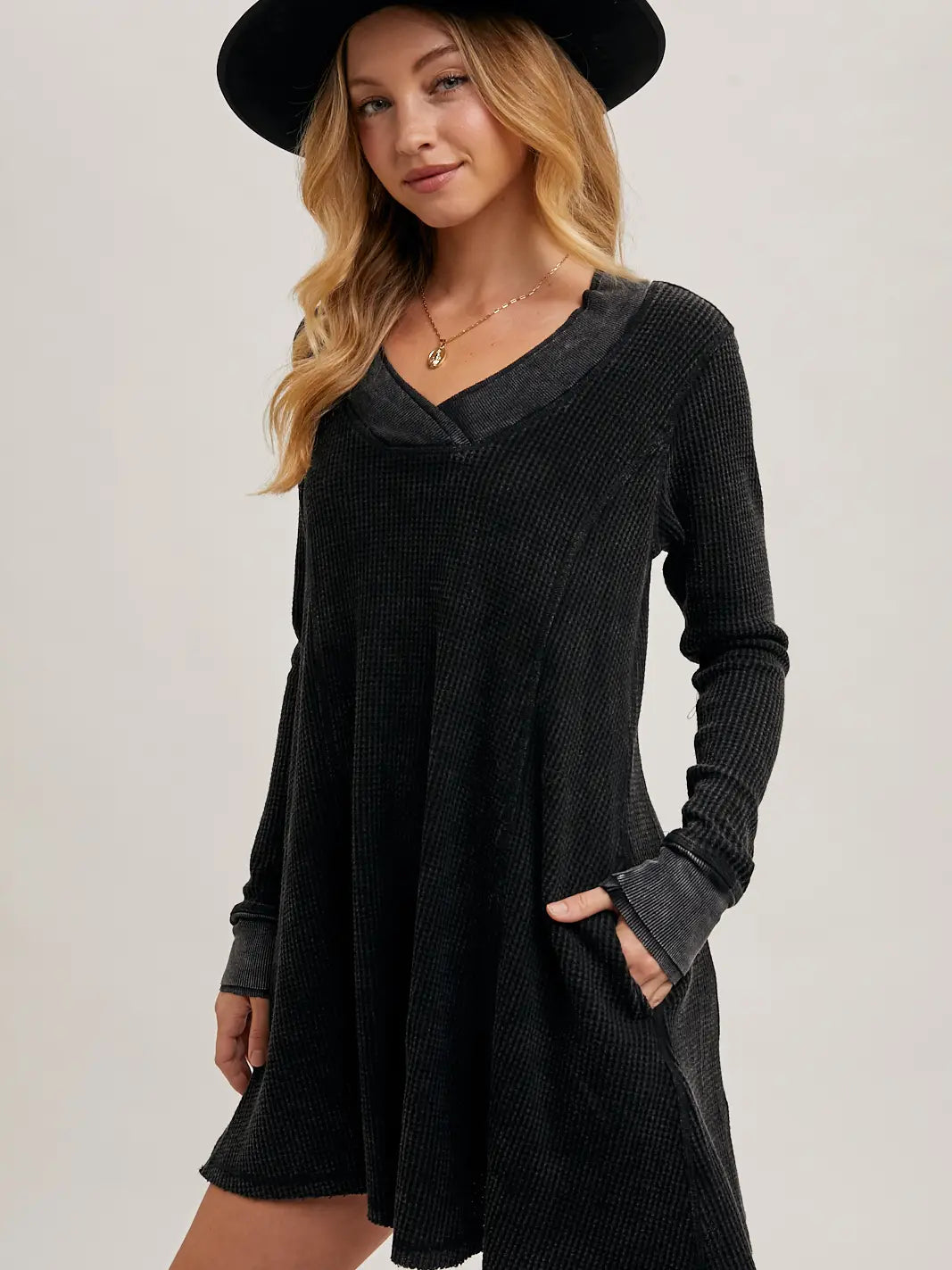 V-Neck Waffle Knit Mini Dress