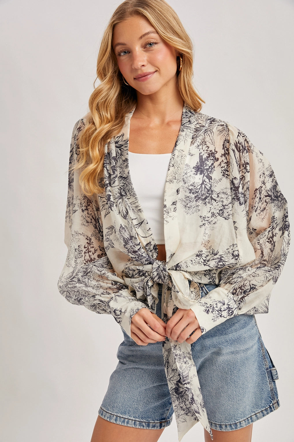 Botanical Print Tied Front Balloon Sleeved Kimono