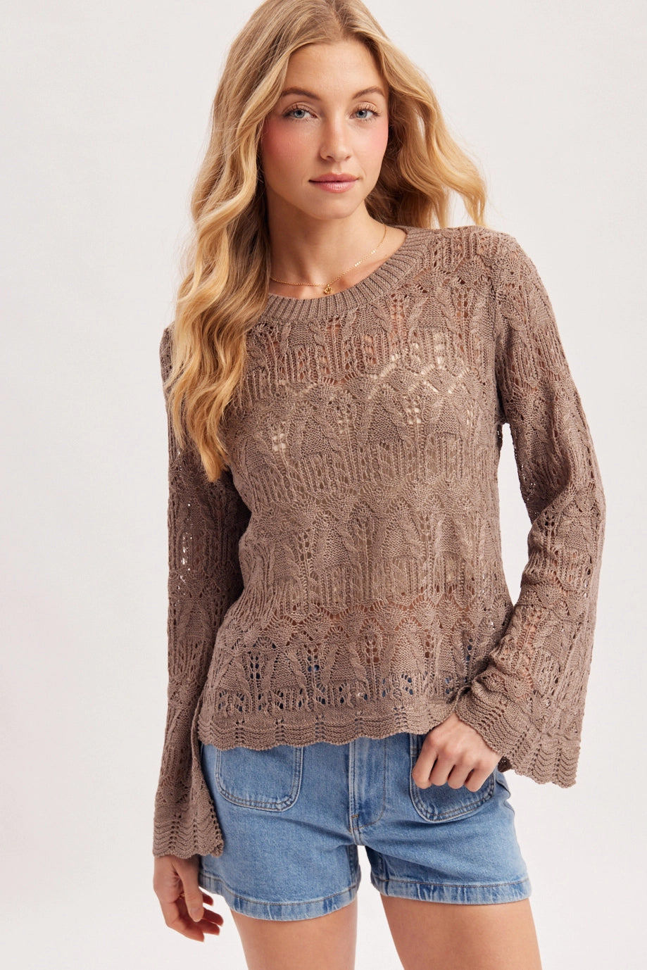 Boho Pointelle Open Knit Top Pullover