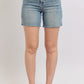 Vintage Wash Stretchy Hem Slit Denim Shorts
