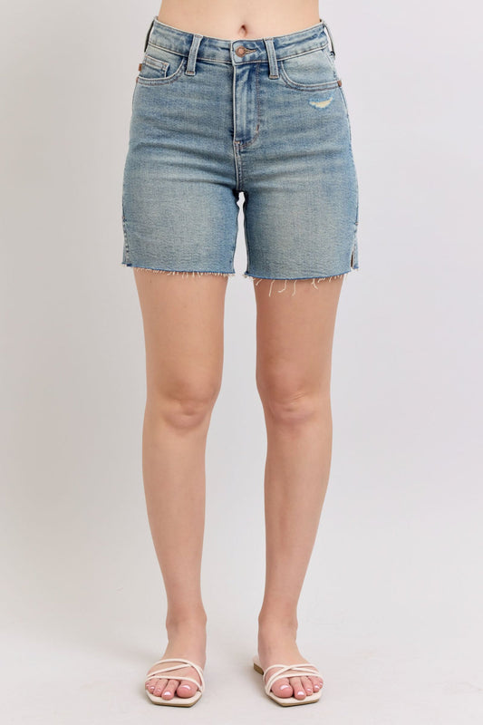 Vintage Wash Stretchy Hem Slit Denim Shorts