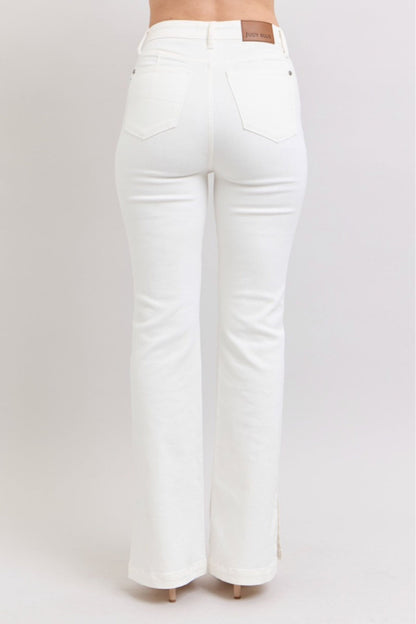 High Waist White Side Slit Slim Bootcut Jeans
