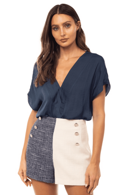 Criss Cross Double V-Neck Pleated Blouse