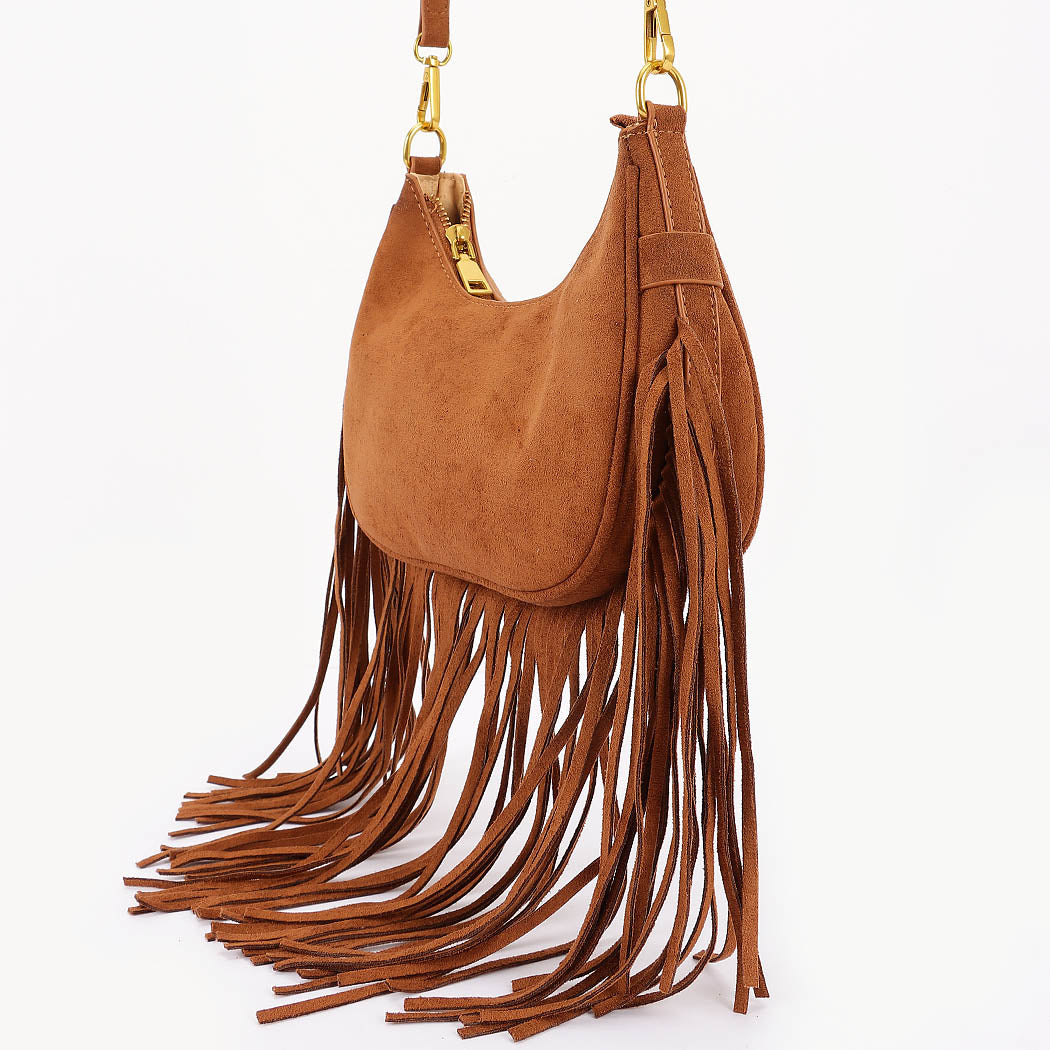 Fringe Trimmed Suede Crossbody Bag