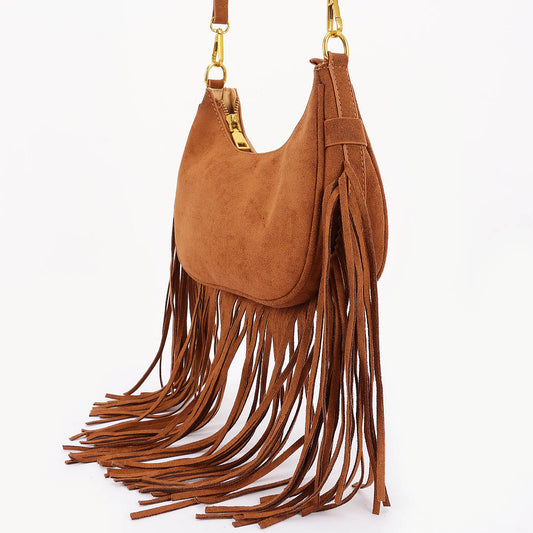 Fringe Trimmed Suede Crossbody Bag