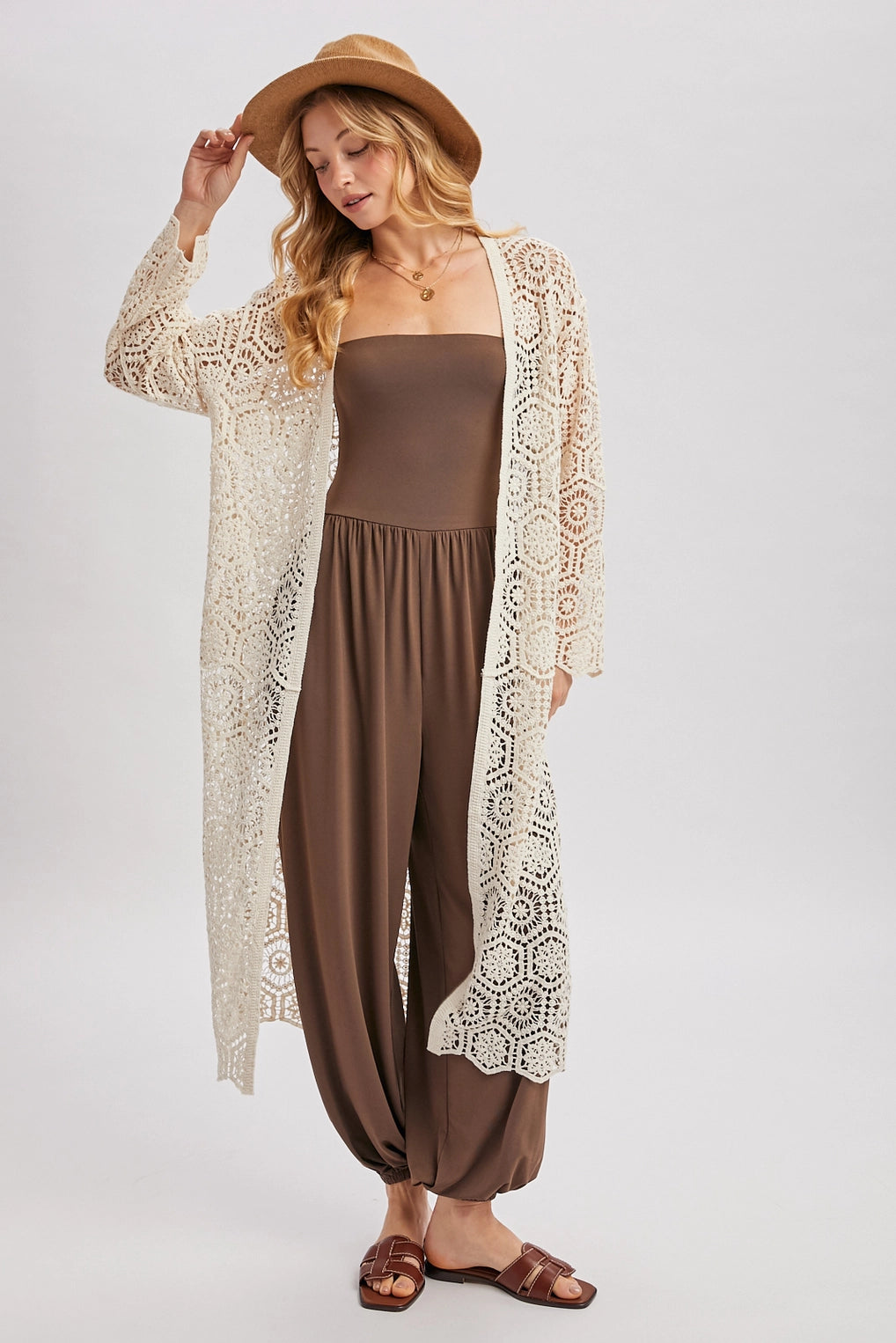 Boho Long Line Side Slit Crochet Cardigan