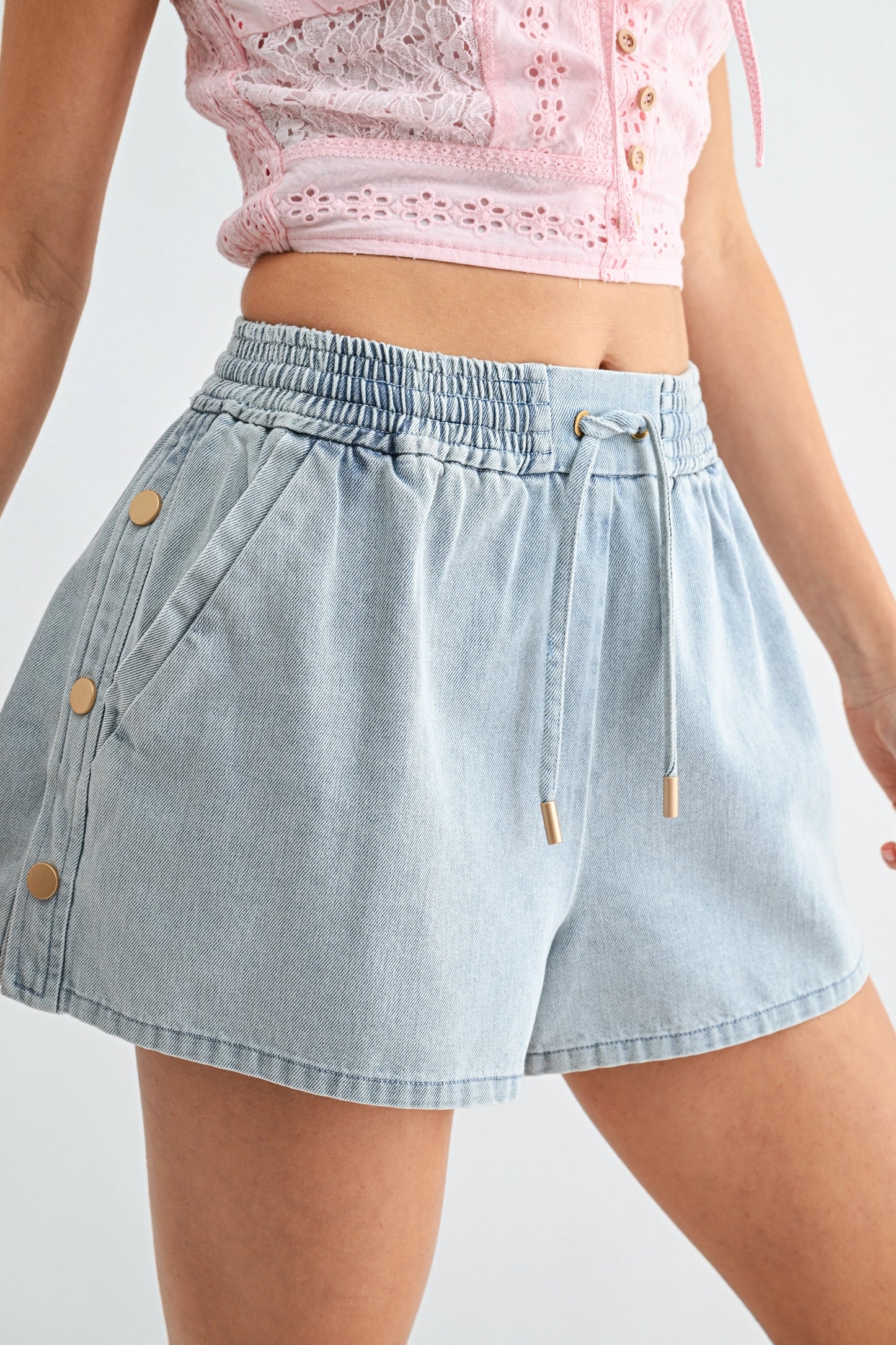 Light Wash Denim Drawstring Shorts Side Buttons