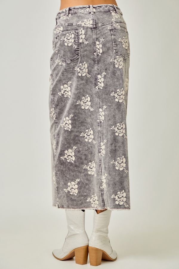 Embroidered Front Slit Corduroy Skirt