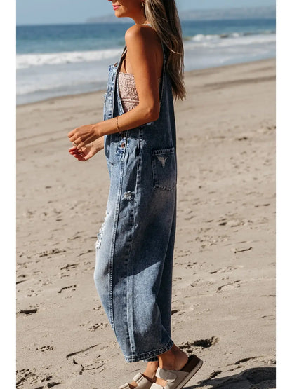 Distressed Pocketed Wide Leg Capri Denim Overall